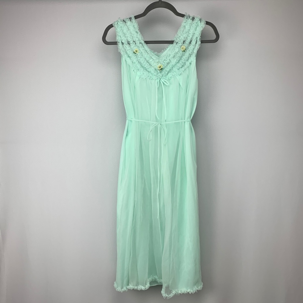 VINTAGE 100% Nylon Aqua Blue Ruffle Tie Waist Full Length Flower Detail Nightie